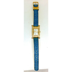 Gruen Women's 24MM Watch GR9987L Gold Tone Crystal Bezel Reversible Denim Band